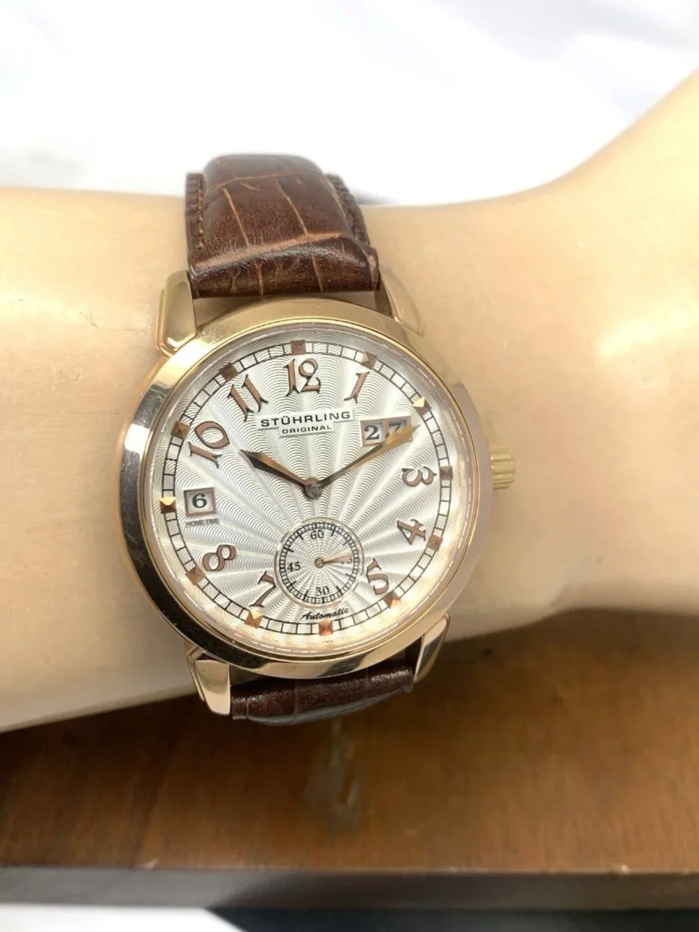 Stuhrling Men's Watch Automatic Silver Dial Rose Gold Brown Leather Strap 40mm
